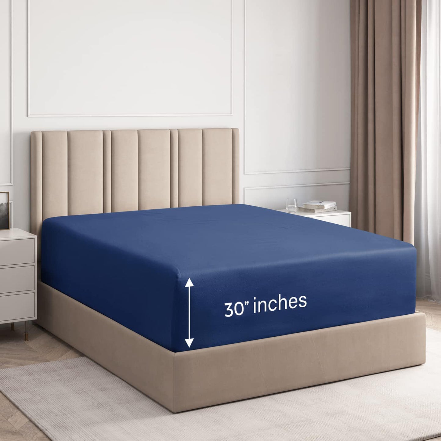 32 Inch Pocket Fitted Sheet Navy Egyptian Cotton 1000TC